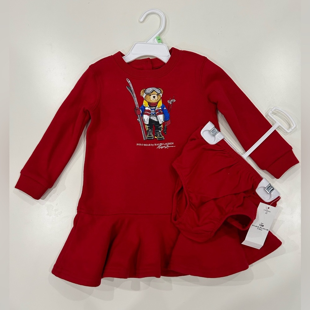 BNWT Ralph Lauren Polo Bear red long sleeve dress with diaper cover